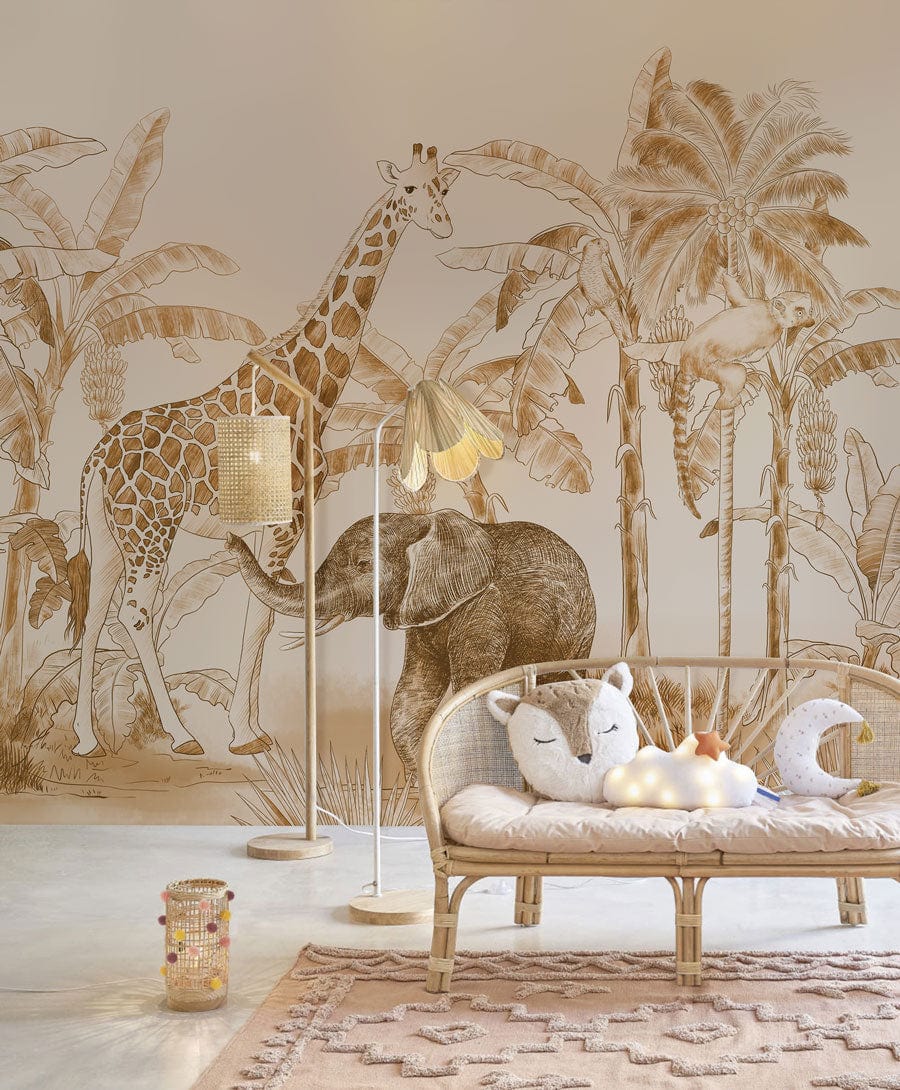 A Mural of a Tropical Animal on Orange Sketch Wallpaper Is Displayed as a Wall Decoration in the Hallway of the Building.