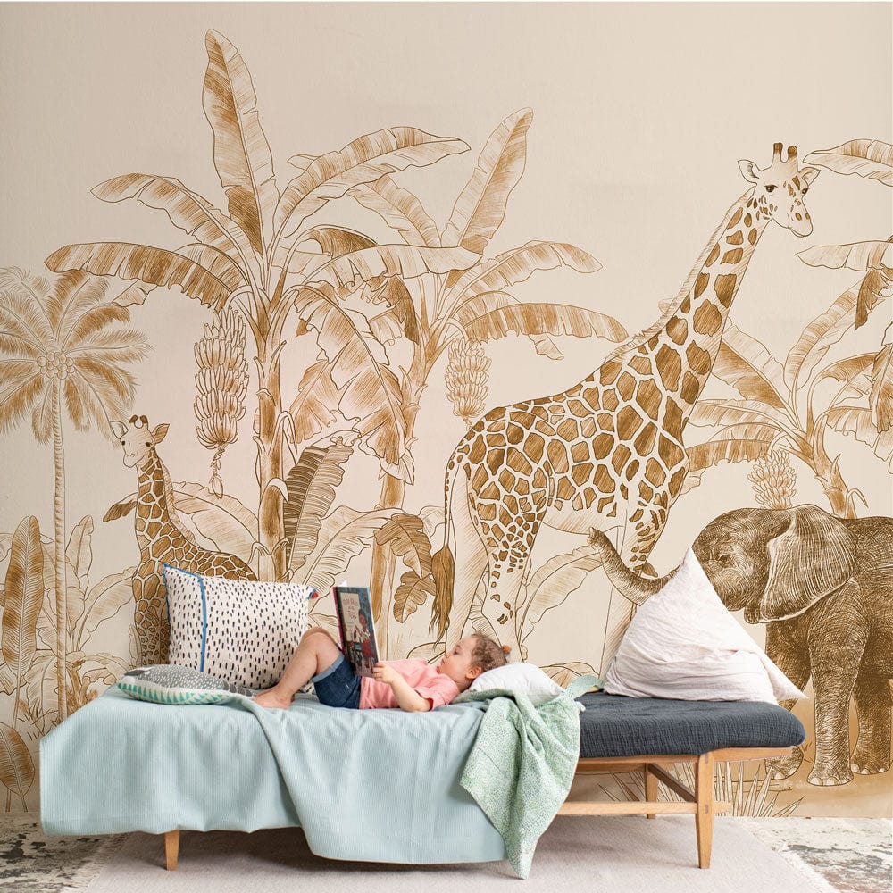 A mural wallpaper depicting animals living in a tropical setting is going to be used for the purpose of adorning the children's room.