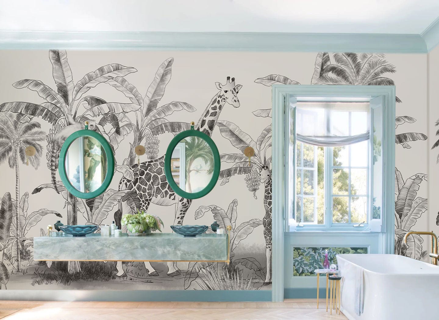 A Mural of a Tropical Animal Sketch Printed on Wallpaper Used as a Wall Decoration in the Bathroom