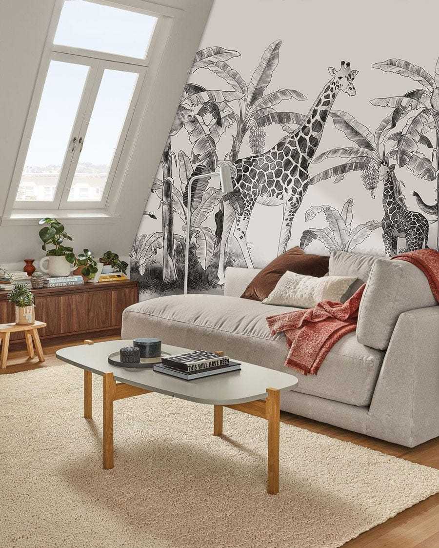 Printed Mural Wallpaper for the Living Room Decoration, Depicting Various Wild Animals in a Tropical Setting