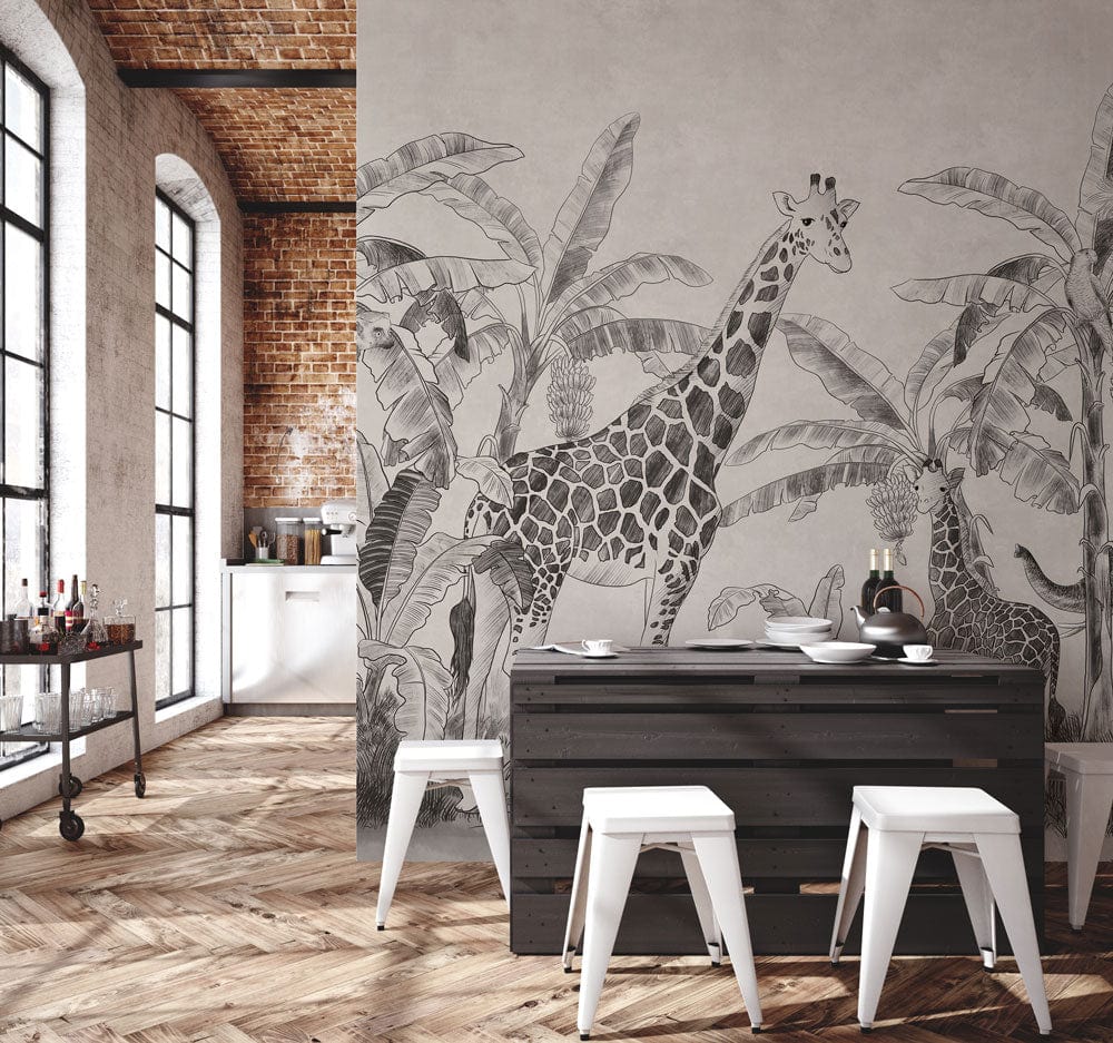 A mural wallpaper with animals living in a tropical setting is going to be used for the dining room's decoration.