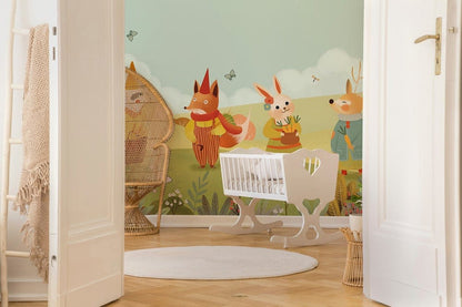 Whimsical Woodland Animal Children Mural Wallpaper in nursery