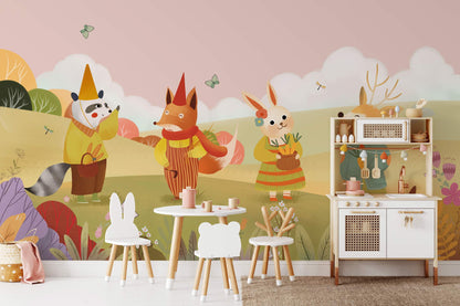 Whimsical Forest Animal Children's Mural Wallpaper in playroom