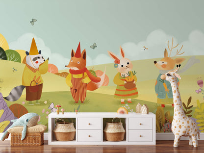 Whimsical Woodland Animal Children Mural Wallpaper in child's room