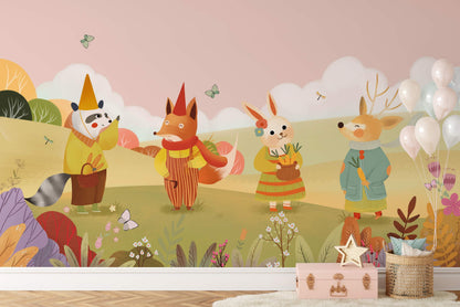 Whimsical Forest Animal Children's Mural Wallpaper in child's room