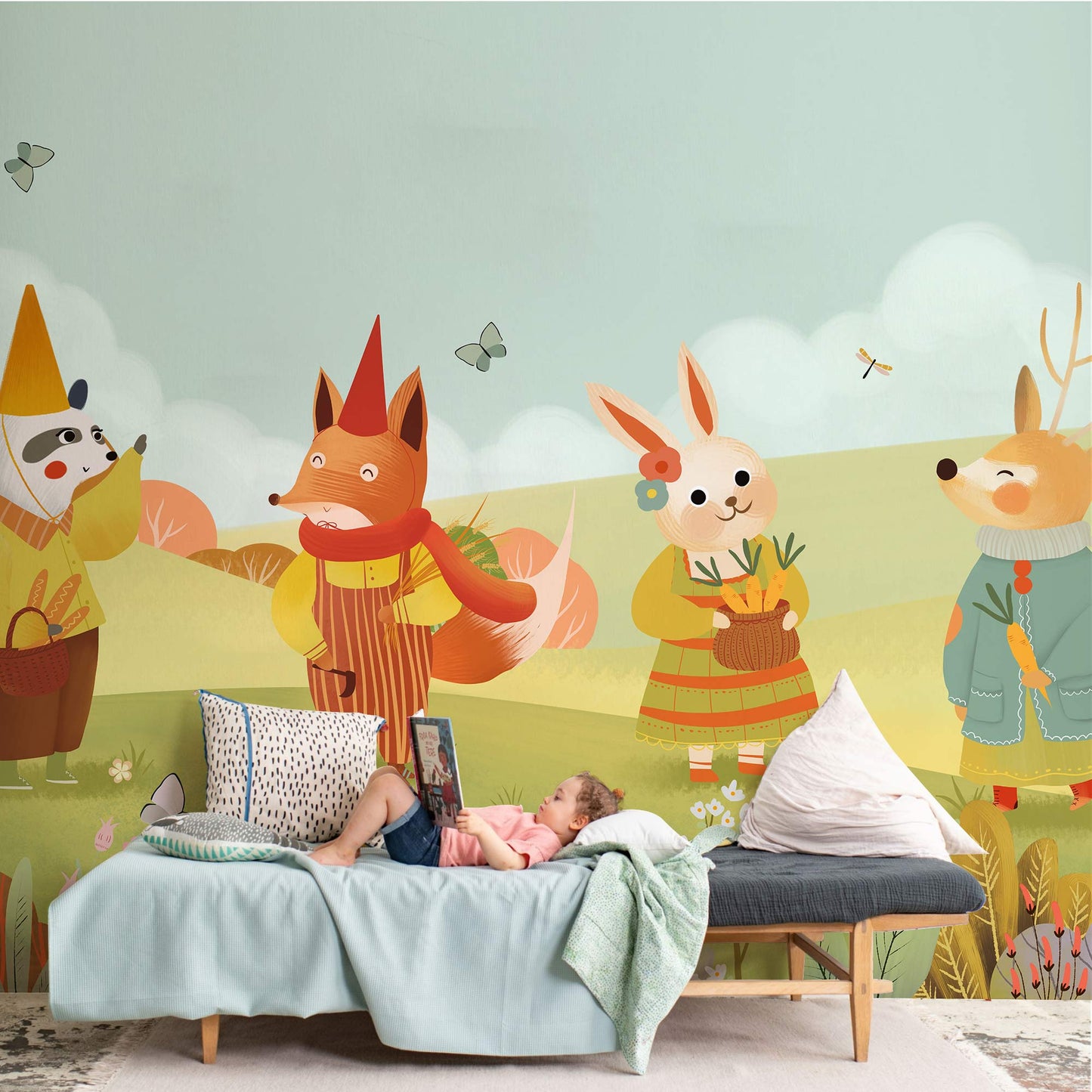 Murale de papier peint d'animaux des bois fantaisistes pour enfants