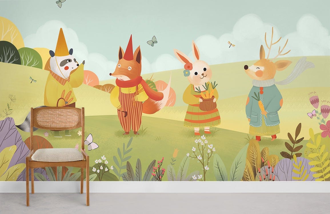 Murale de papier peint d'animaux des bois fantaisistes pour enfants