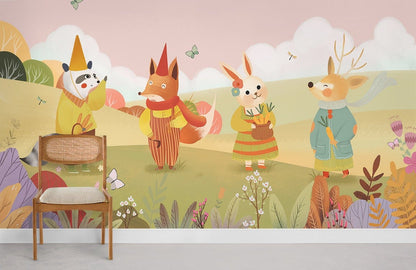 Whimsical Forest Animal Children's Mural Wallpaper in playroom