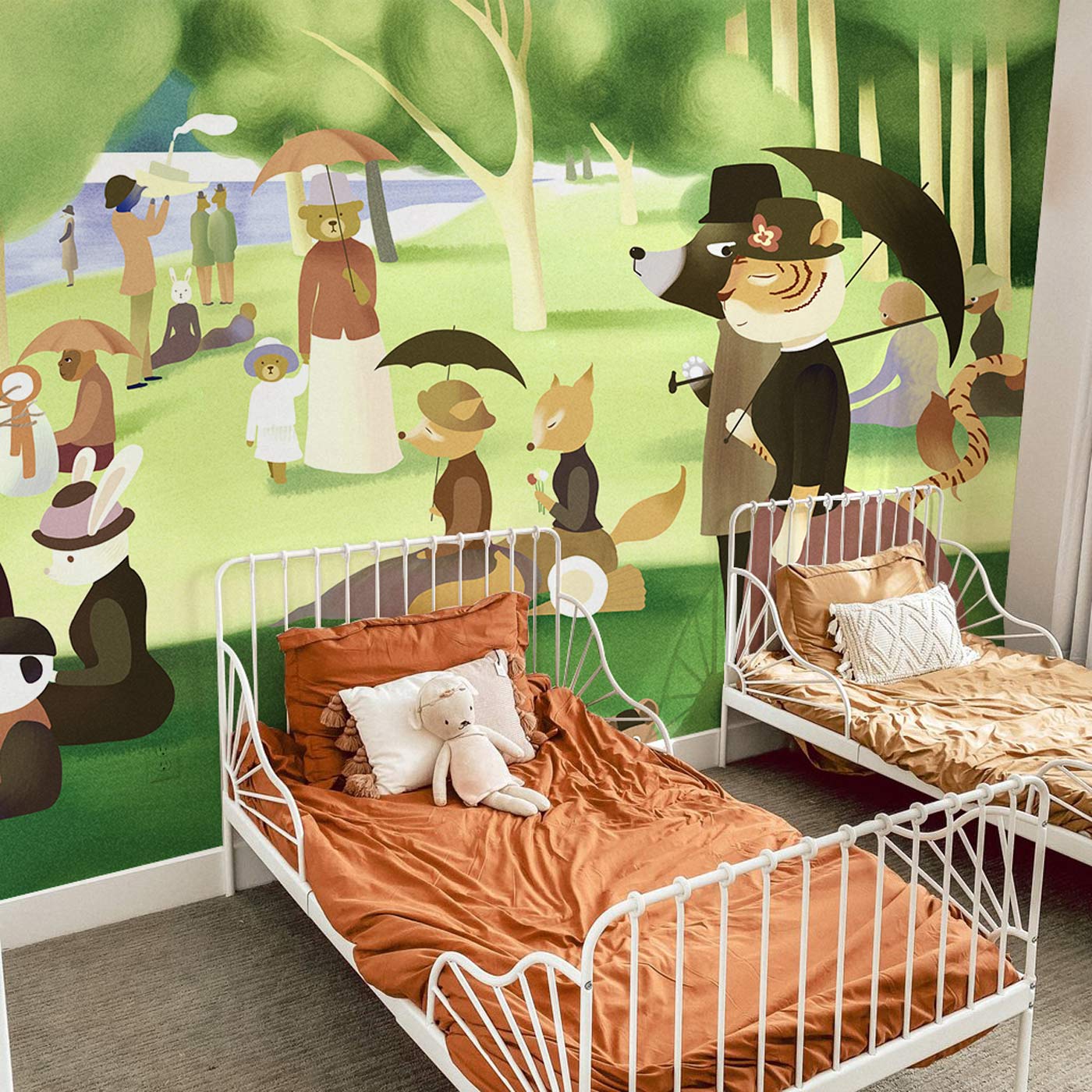 Wallpaper mural with animals in a park for use in decorating bedrooms.