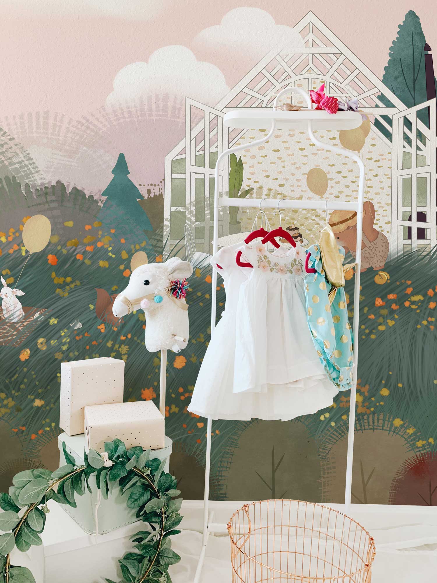 Wall mural featuring an animal picnic for use in decorating nurseries.
