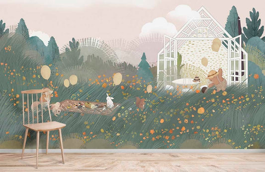 Wall mural depicting an animal picnic, perfect for use as home decor