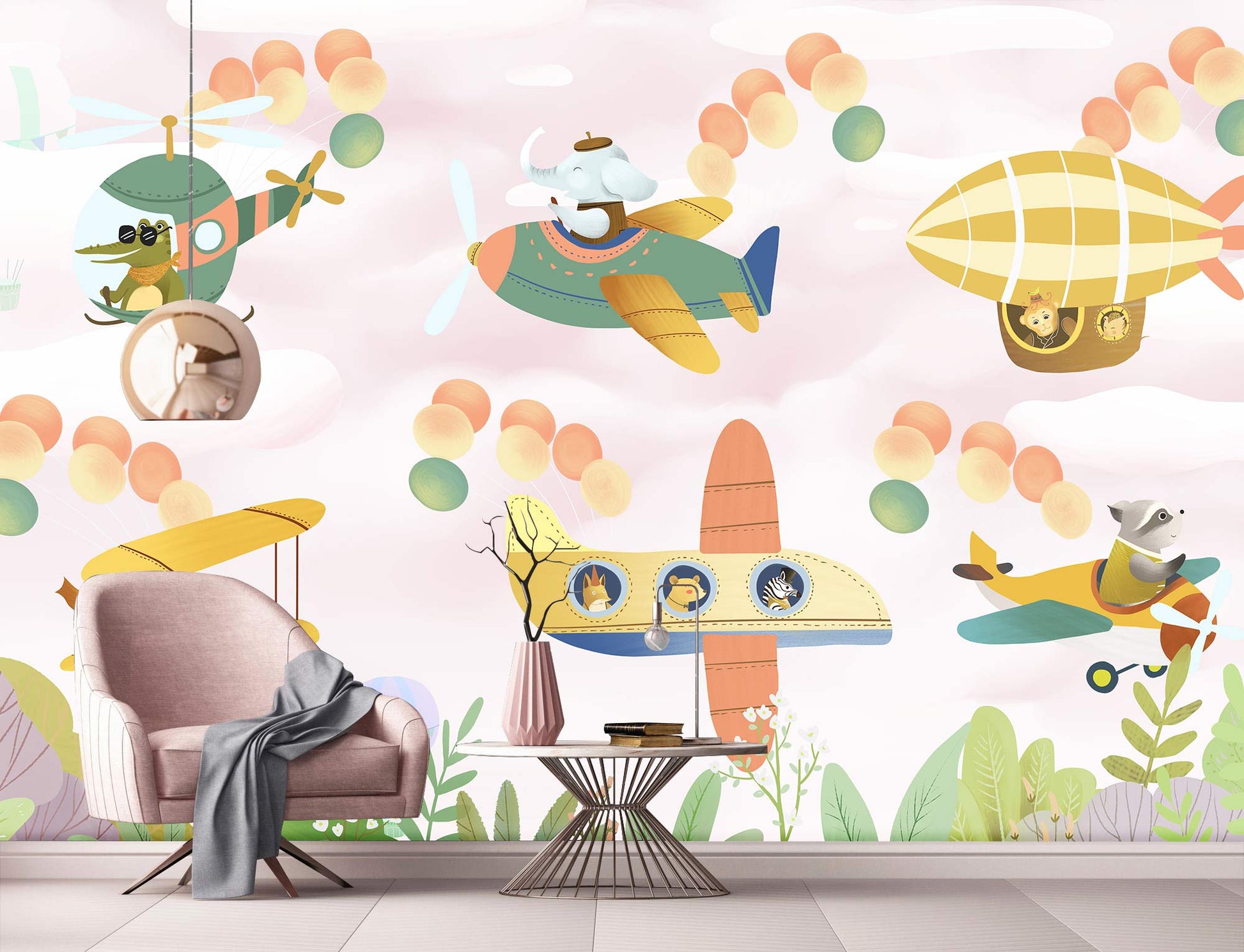 Hallway Decoration Featuring a Cartoon Wall Mural with Animals Flying Planes
