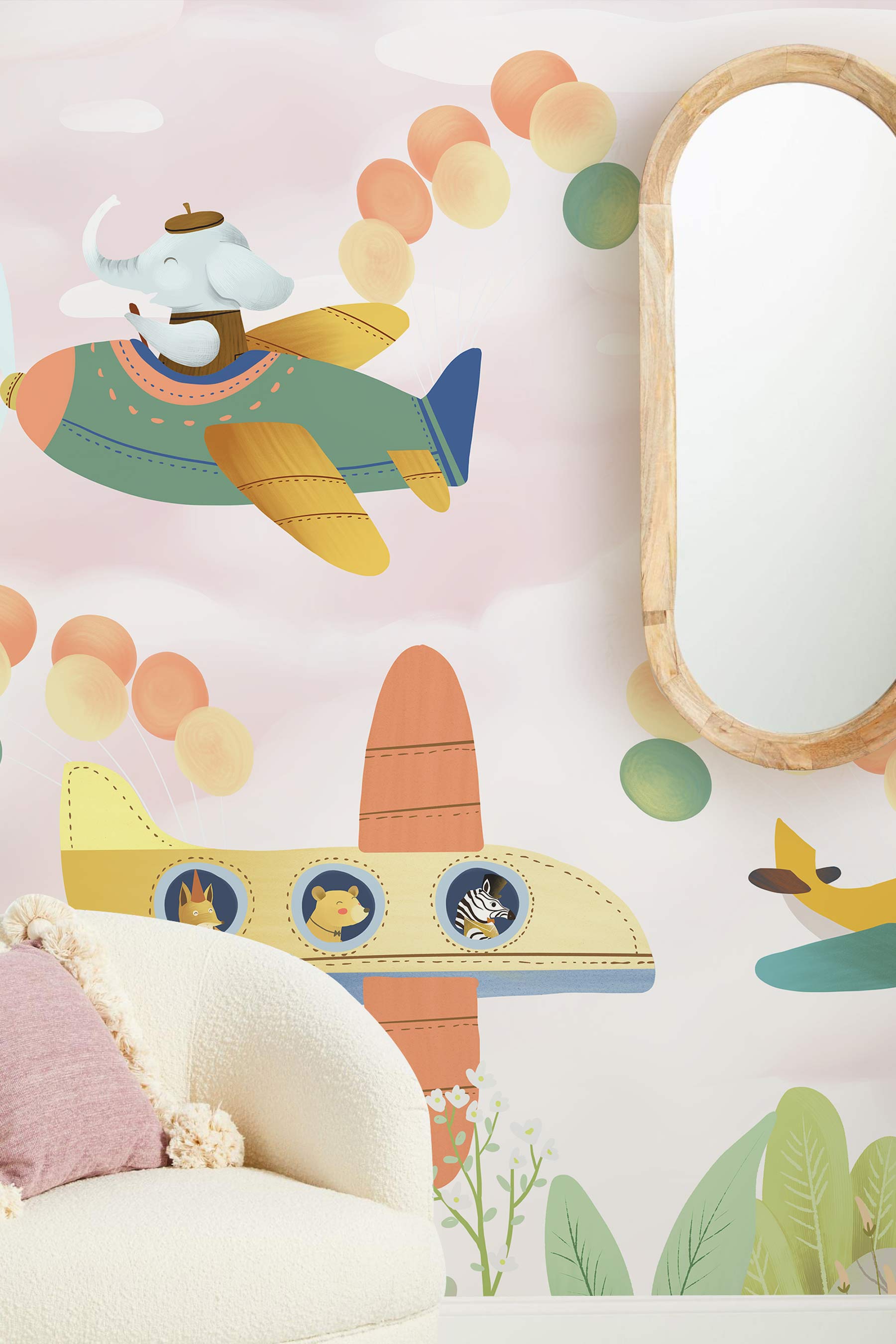 Animals Flying Airplanes on a Cartoon Planes Wall Mural for Hallway Decorations