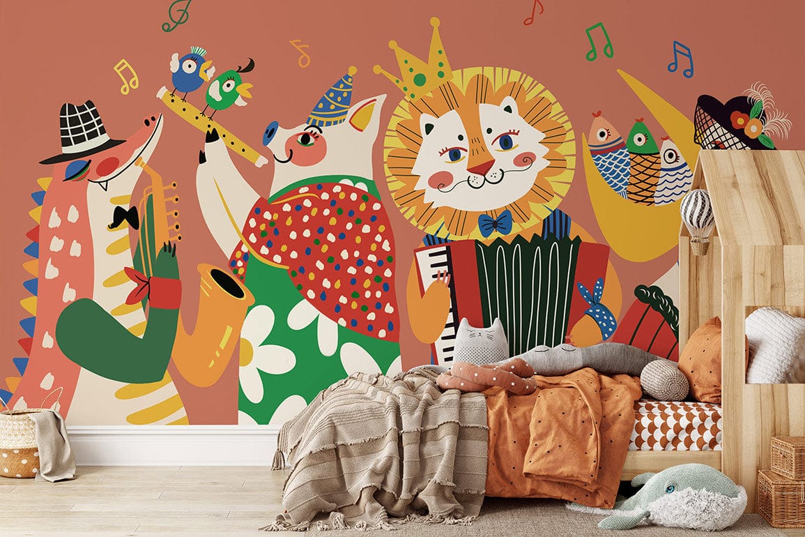 Children's rooms can be decorated with mural wallpaper depicting an animal symphony orchestra.