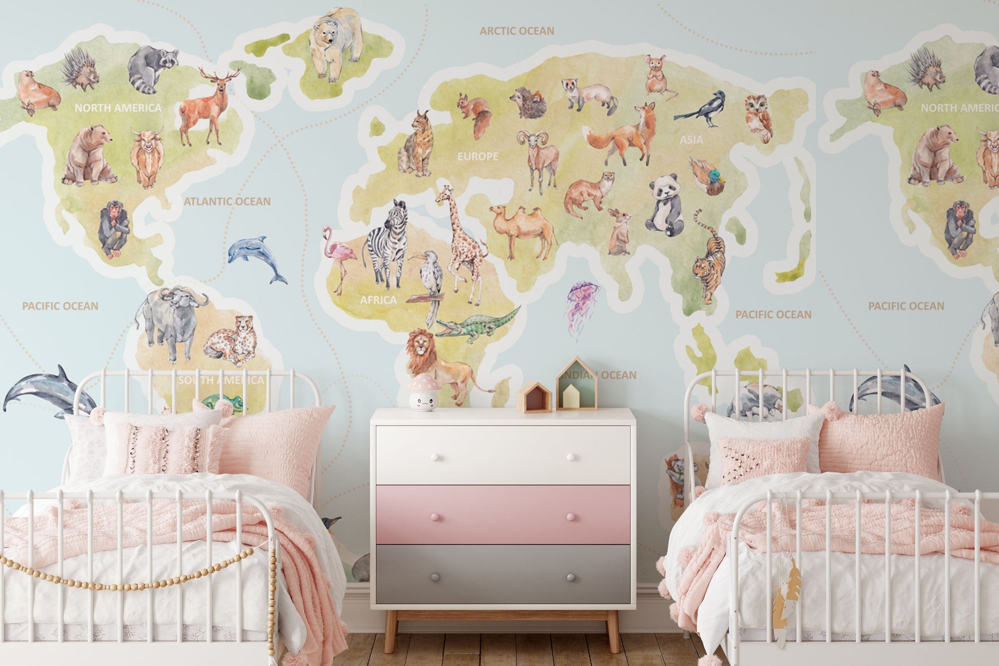 Wallpaper mural with an animal map for use in decorating bedrooms
