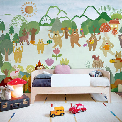 bears dancing and fresh forest view wall mural art