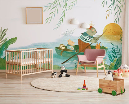 Whimsical Jungle Boat Animal Mural Wallpaper in nursery