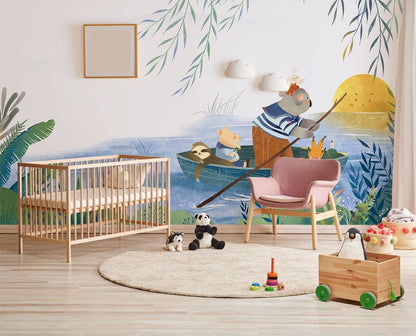 Whimsical Forest Animal Boat Mural Wallpaper in children's room