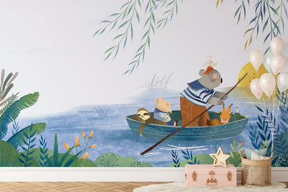 Whimsical Forest Animal Boat Mural Wallpaper in children's room
