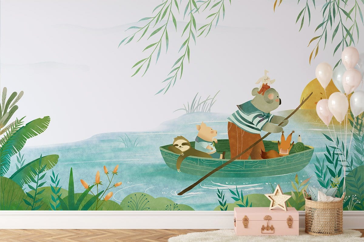 Murale de papier peint animalière de bateau dans une jungle fantaisiste