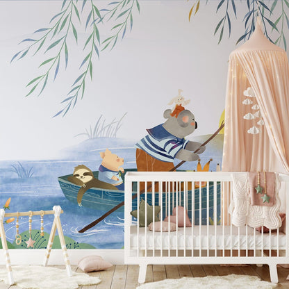 Whimsical Forest Animal Boat Mural Wallpaper in nursery