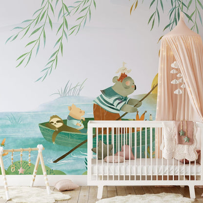 Whimsical Jungle Boat Animal Mural Wallpaper in nursery