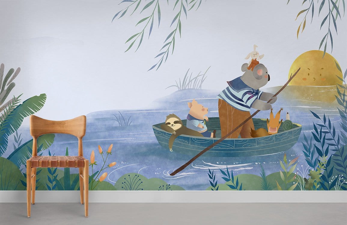 Murale de papier peint avec des animaux de forêt fantaisistes en bateau