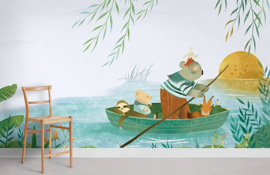 Whimsical Jungle Boat Animal Mural Wallpaper