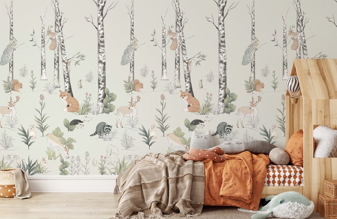 animal in forest wall mural  kids room decor