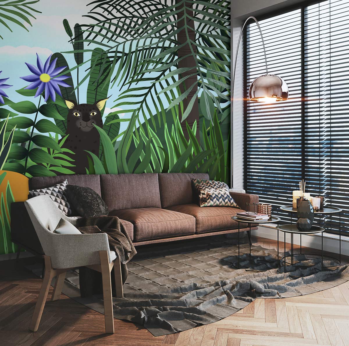 Living Room Decoration Featuring a Mural of Wild Animals on Jungle Wallpaper