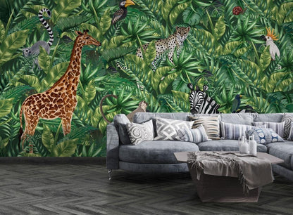 Animals from the Jungle Wallpaper Mural to Decorate the Living Room