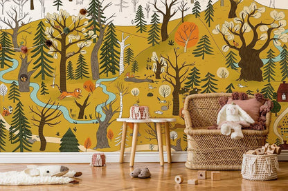 Whimsical Forest Animals Wall Mural in playroom