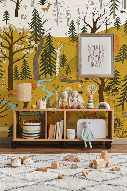 Whimsical Forest Animals Wall Mural in playroom
