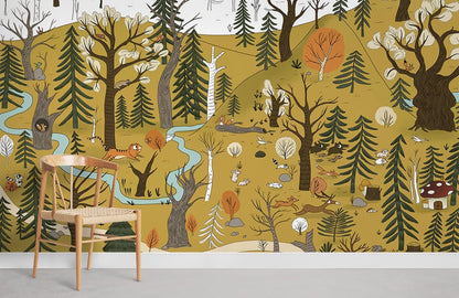 Whimsical Forest Animals Wall Mural in playroom