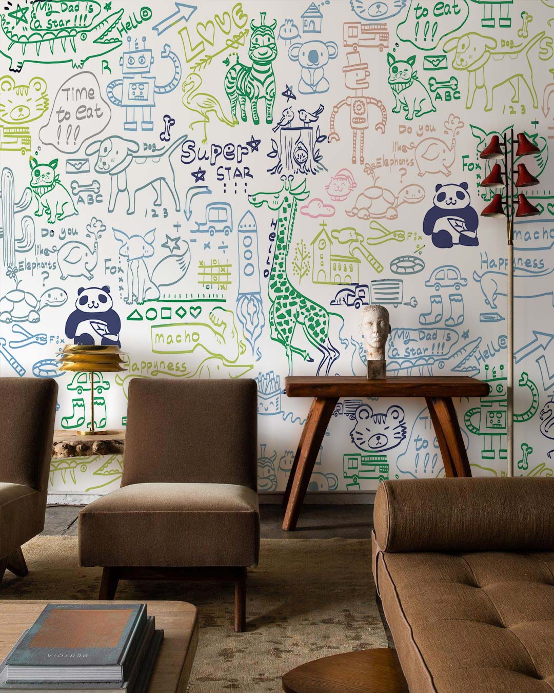 Colorful Hand-Drawn Animal Kid's Mural Wallpaper in living room