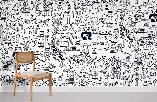 Whimsical Doodle Art Kids Mural Wallpaper in playroom