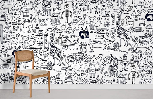 Whimsical Doodle Art Kids Mural Wallpaper