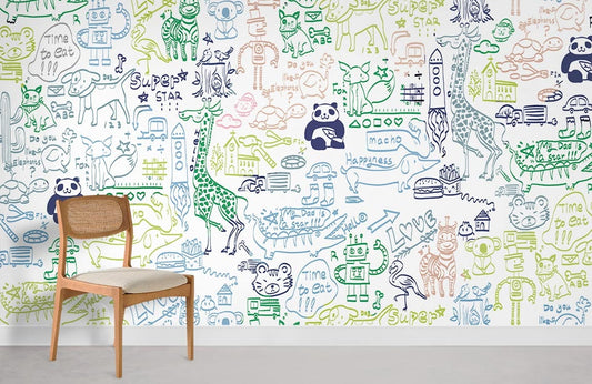 Colorful Hand-Drawn Animal Kid's Mural Wallpaper
