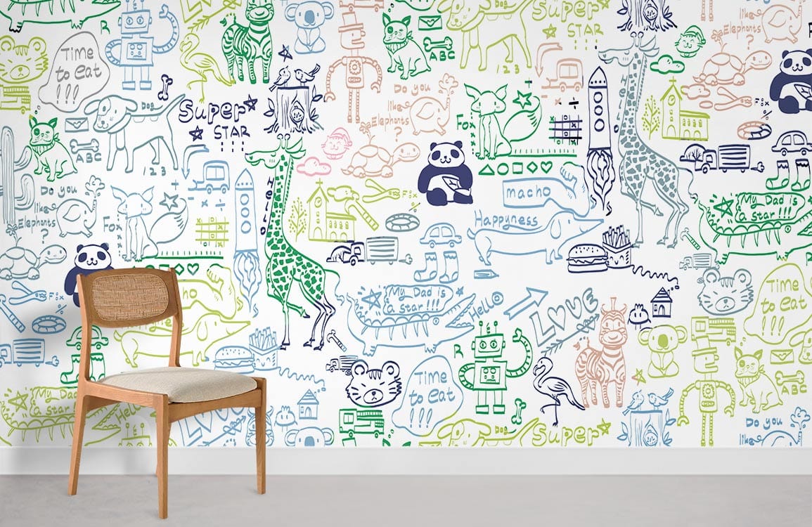 Colorful Hand-Drawn Animal Kid's Mural Wallpaper in children's room