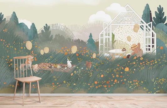 Children's room mural wallpaper design features an animal picnic.