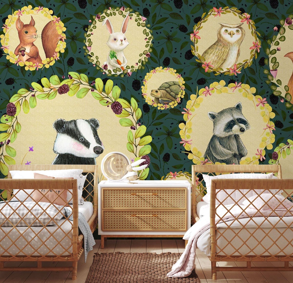 Decorate your bedroom with this whimsical animal portrait mural wallpaper!