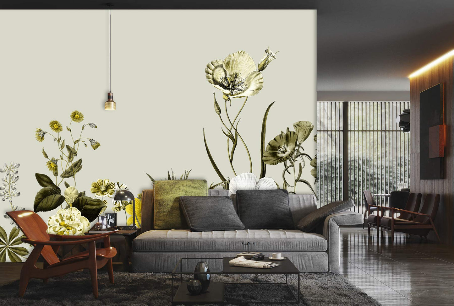 Animate Flowers Neutral Wallpaper Mural For Living Room