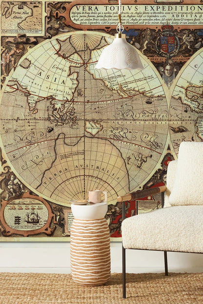 Vintage Nautical World Map Wall Mural in living room