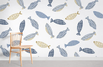 Nautical Blue Fish Pattern Wallpaper Mural