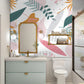 Pink Art Deco Leaves Wallpaper Mural for Use as Decoration in Bathrooms