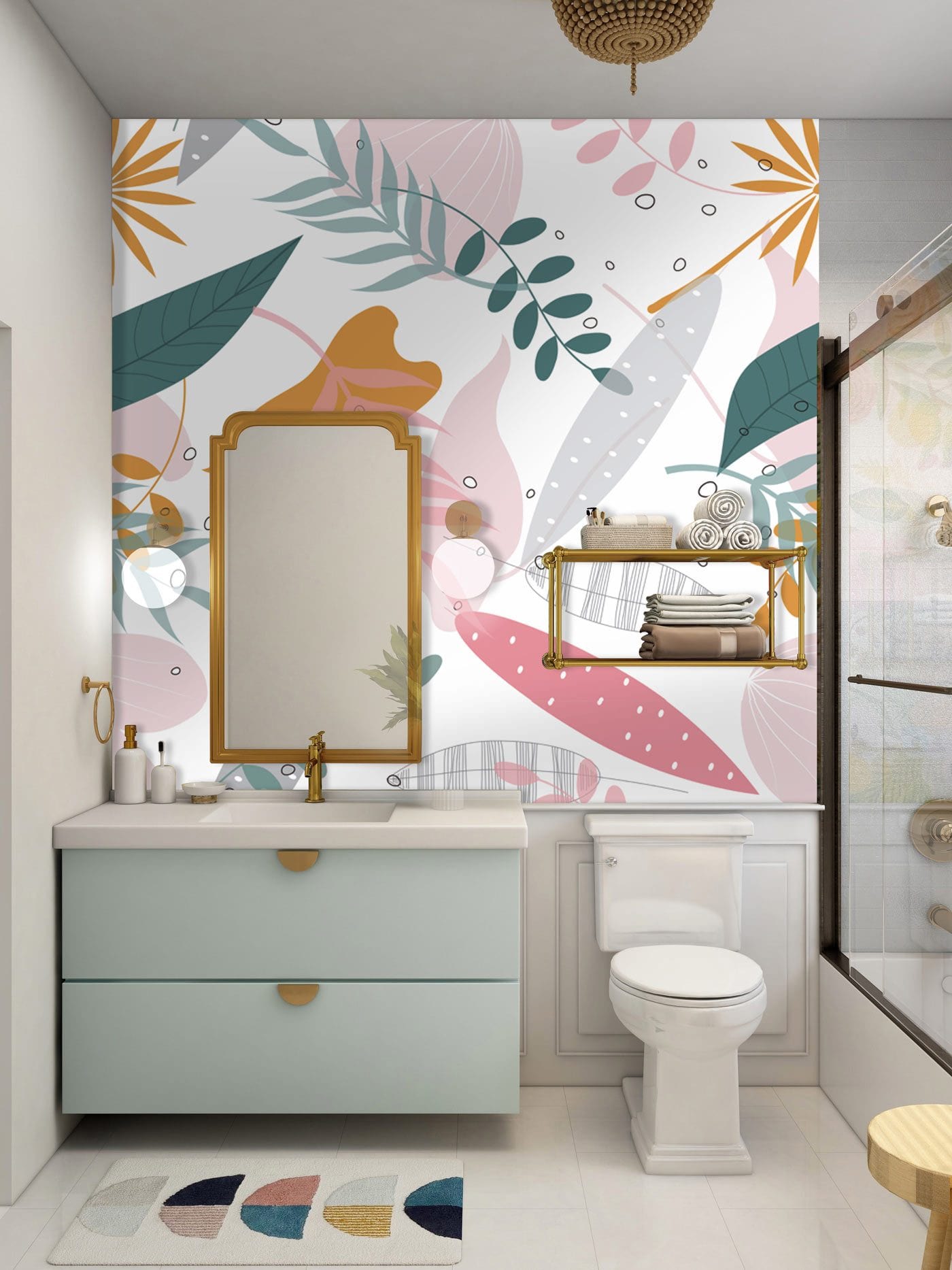 Pink Art Deco Leaves Wallpaper Mural for Use as Decoration in Bathrooms