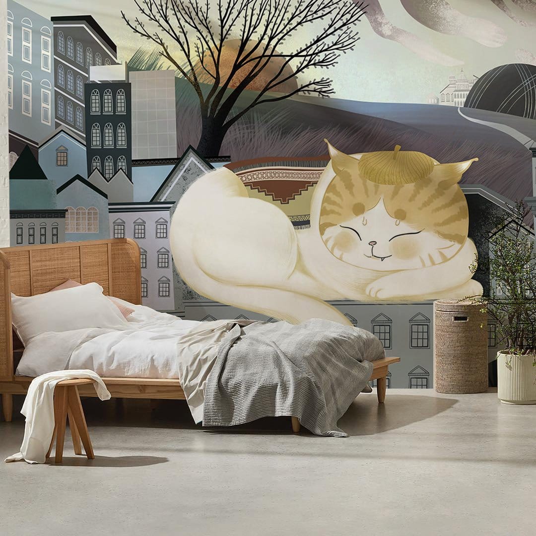 Large Wallpaper Mural of a Cat Sleeping, Perfect for Decorating a Bedroom