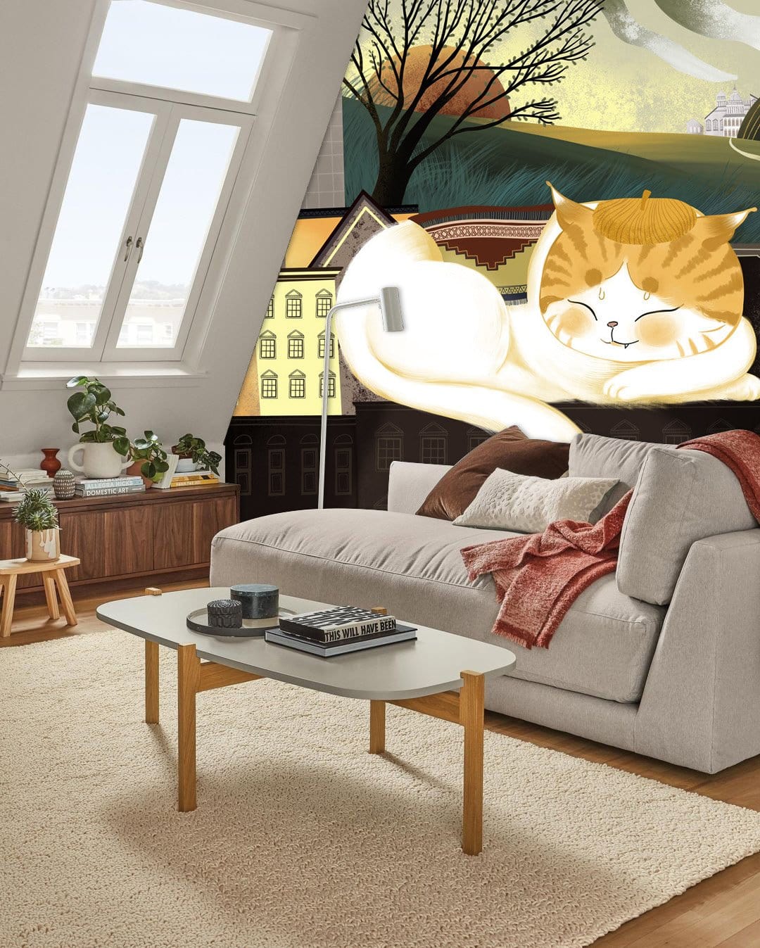 Living Room Animal Wallpaper Mural with a Cat Sleeping on a Rooftop