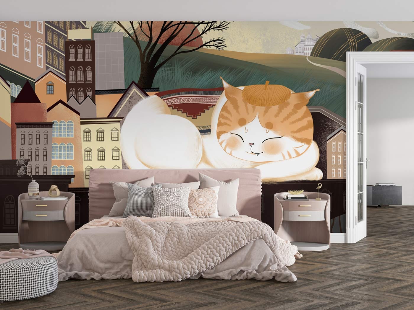 Decorate your bedroom with this adorable sleeping cat wallpaper mural!