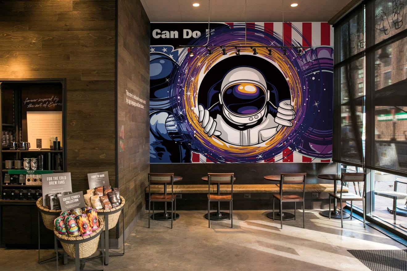 astronaut with mystery halo wallpaper design for cafe house